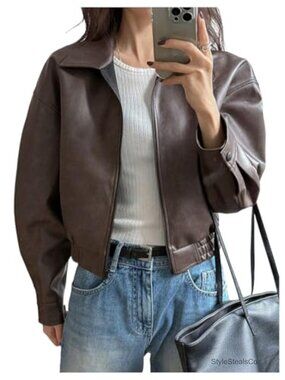 Women's Faux Leather Zip Up Crop Bomber Jacket Y2K Motorcycle Style
